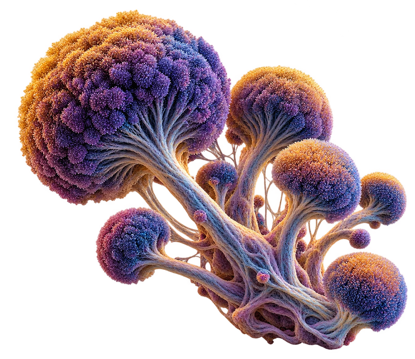 Original artistic mold-spore illustration in purple, blue, and amber