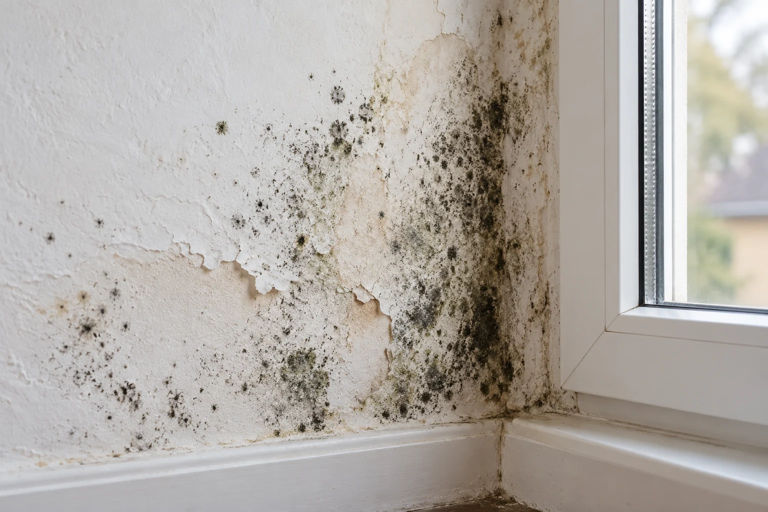 Generated illustrative photograph of mold on a water-damaged wall